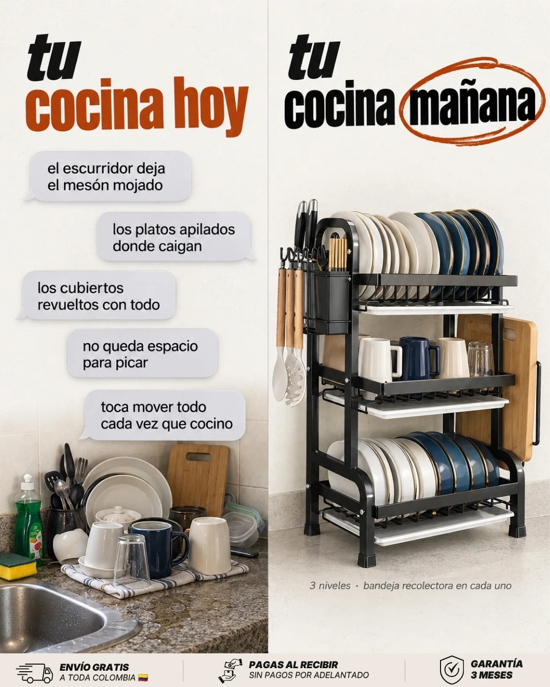 Escurridor de Platos 3 Niveles: Tu Cocina Libre de Desorden
